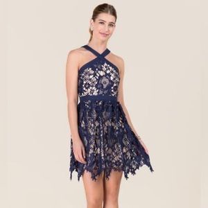 Francesca’s Y Neck Lace A-Line Dress Navy Blue Size Medium